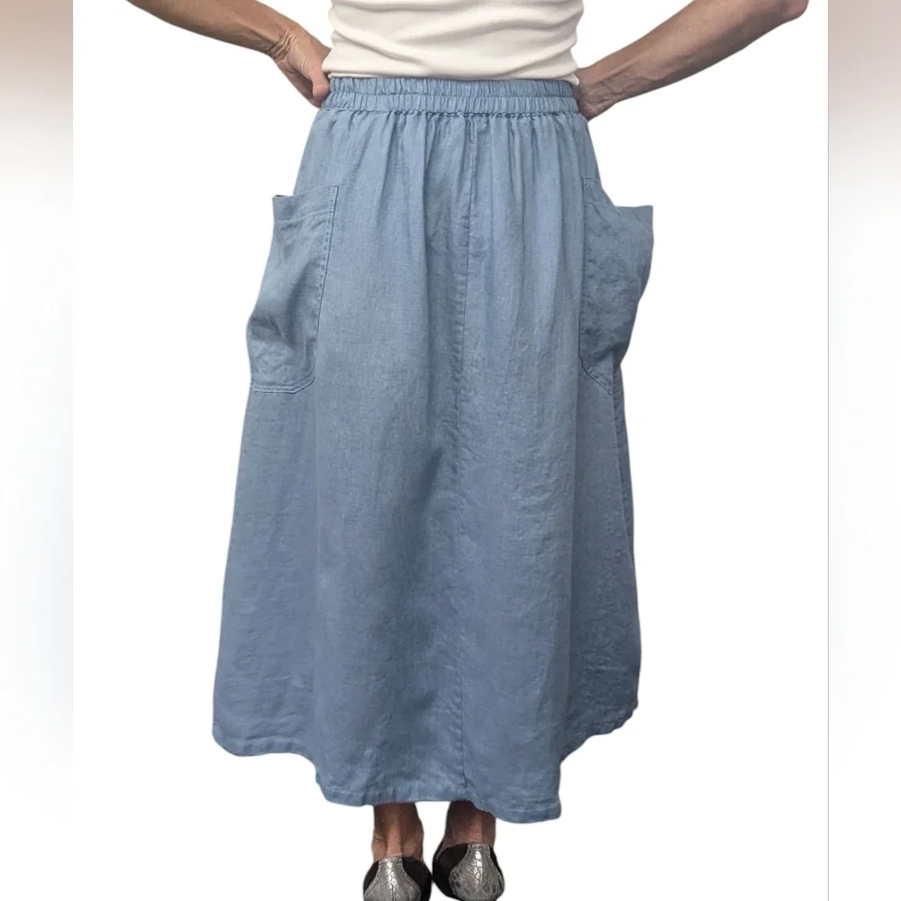 Lintico 100% Linen Blue Midi Skirt with Pockets Cottagecore Sz Small - Picture 3 of 9